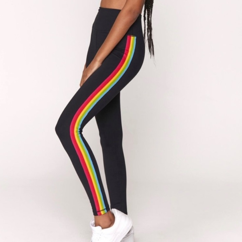 SPIRITUAL GANGSTER Black Leggings with Rainbow Stripe size small activewear